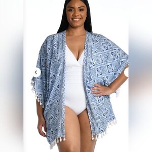 La Blanca Tassel-Trim Kimono Swimsuit Cover-Up, Capri Blue  Vacation Cruise OS